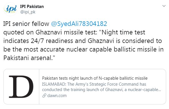 Pakistan tests night launch of N-capable ballistic missile